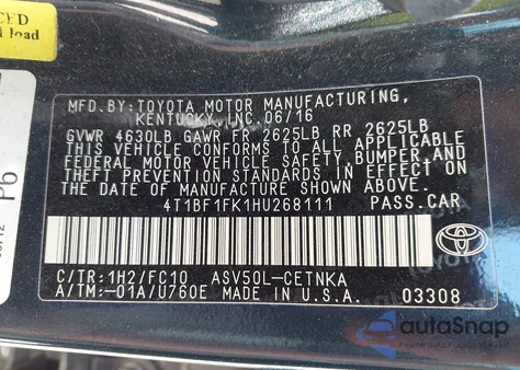 2017 Toyota Camry Le из США, поврежденный, VIN 4T1BF1FK1HU268111